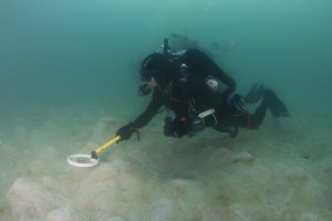 Diver undertakes handheld magnetometer survey over a sandy area.