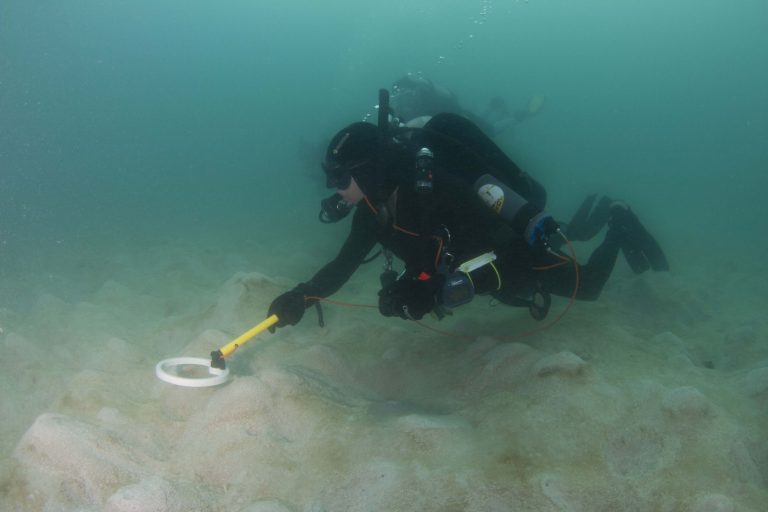 A diver sweeping a sandy seabed with a handheld magnetometer