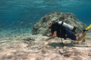 Diver conducting an underwater metal detector search.
