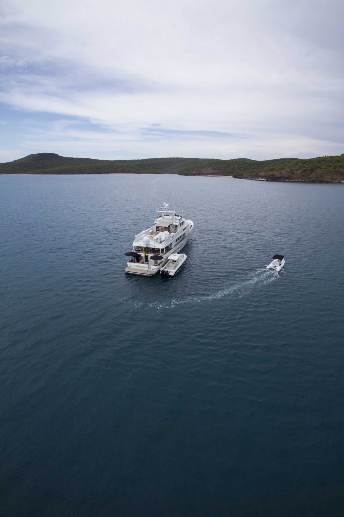 Aerial view of the survey vessel and tender on the reef