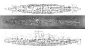 A photomosaic of AE1's wreck site produced using the photos captured at the time of discovery, shown against the construction plans of the submarine. Image copyright: Australian National Maritime Museum