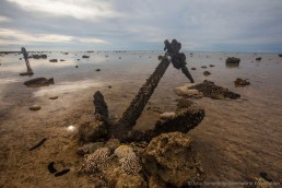 Iron anchor resting on stock on the reef top at Kenn Reefs. Image: Julia Sumerling for Silentworld Foundation, 2017.