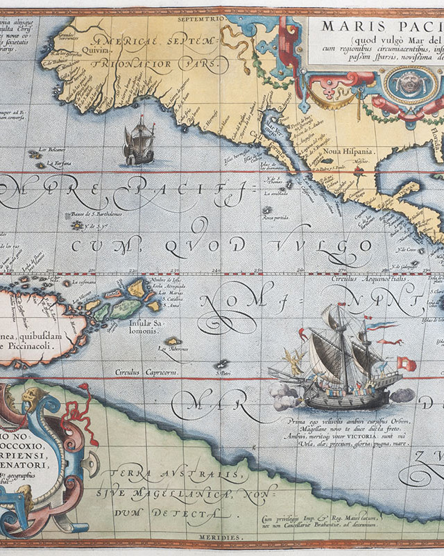 Map. Hand coloured copper engraving. Maris Pacifici. 345mm x 497mm. Antwerp, 1595. The first printed map to be devoted solely to the Pacific, and the first to name North and South America separately. It includes most of North and South America...