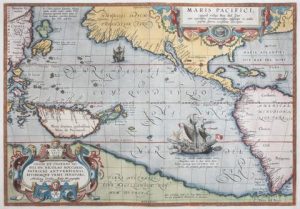 Map. Hand coloured copper engraving. Maris Pacifici. 345mm x 497mm. Antwerp, 1595. The first printed map to be devoted solely to the Pacific, and the first to name North and South America separately. It includes most of North and South America...