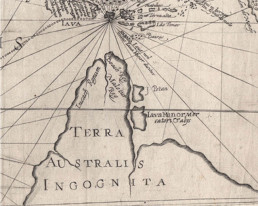 Chart Terra Australis Incognita by Theodore de Bry, 1599. The area presented looks similar to Cape York.