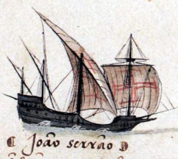Close-up shot of an ink illustration. Portuguese Caravel 1500s. By Unknown author - Livro das Armadas.