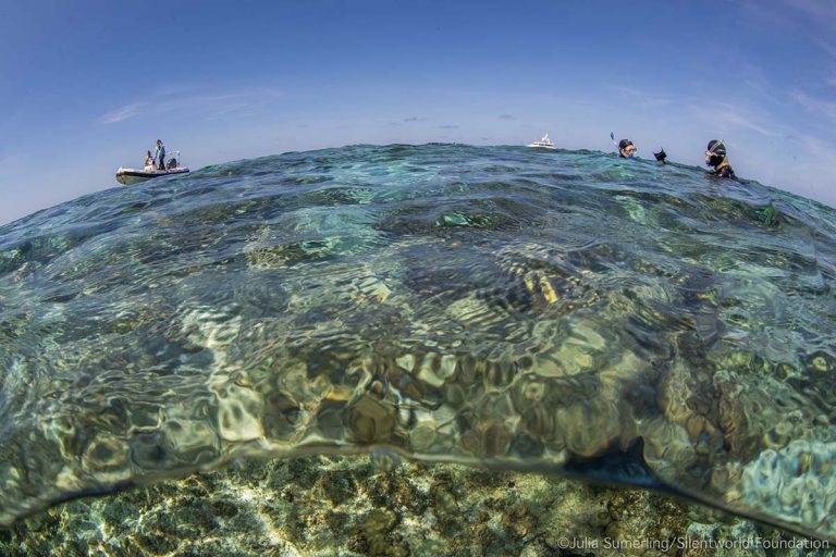 A boat and snorkellers on the reef top