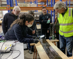 Irini Malliaros and Paul Hundley facilitate an afternoon workshop about documenting the features of individual boat timbers. Image: © Cath Snelgrove/Sydney Metro.