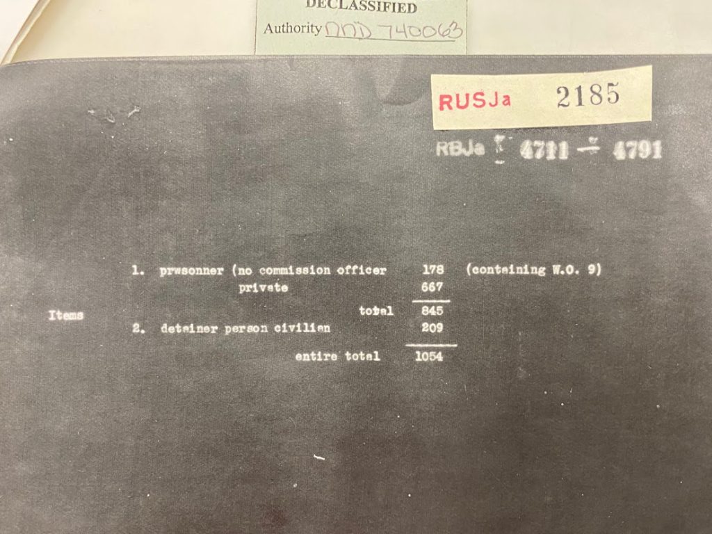 Typed archival record listing numbers of prisoners of war and civilians