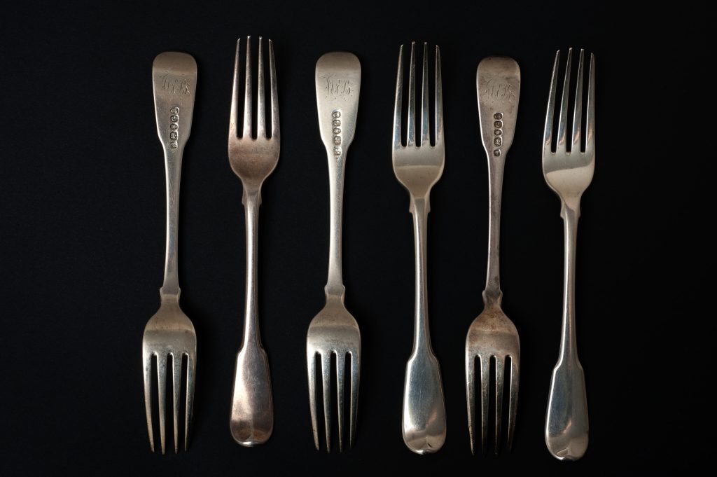 Set of six sterling silver fiddleback forks, belonging to the Bligh family