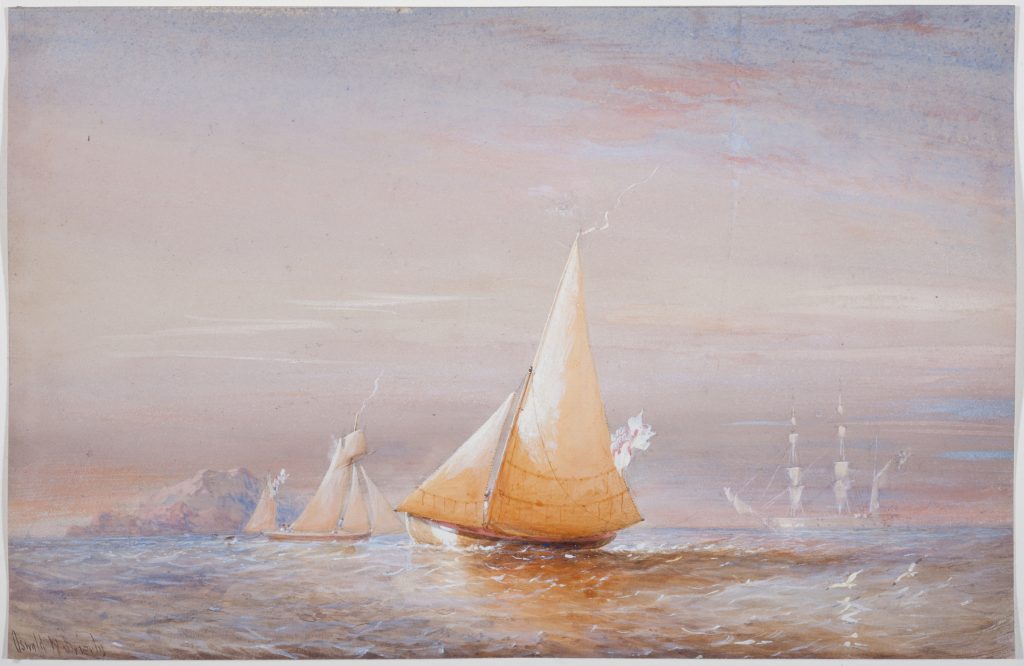 Depicts the cutter BRAMBLE with the RATTLESNAKE at rest in the distance