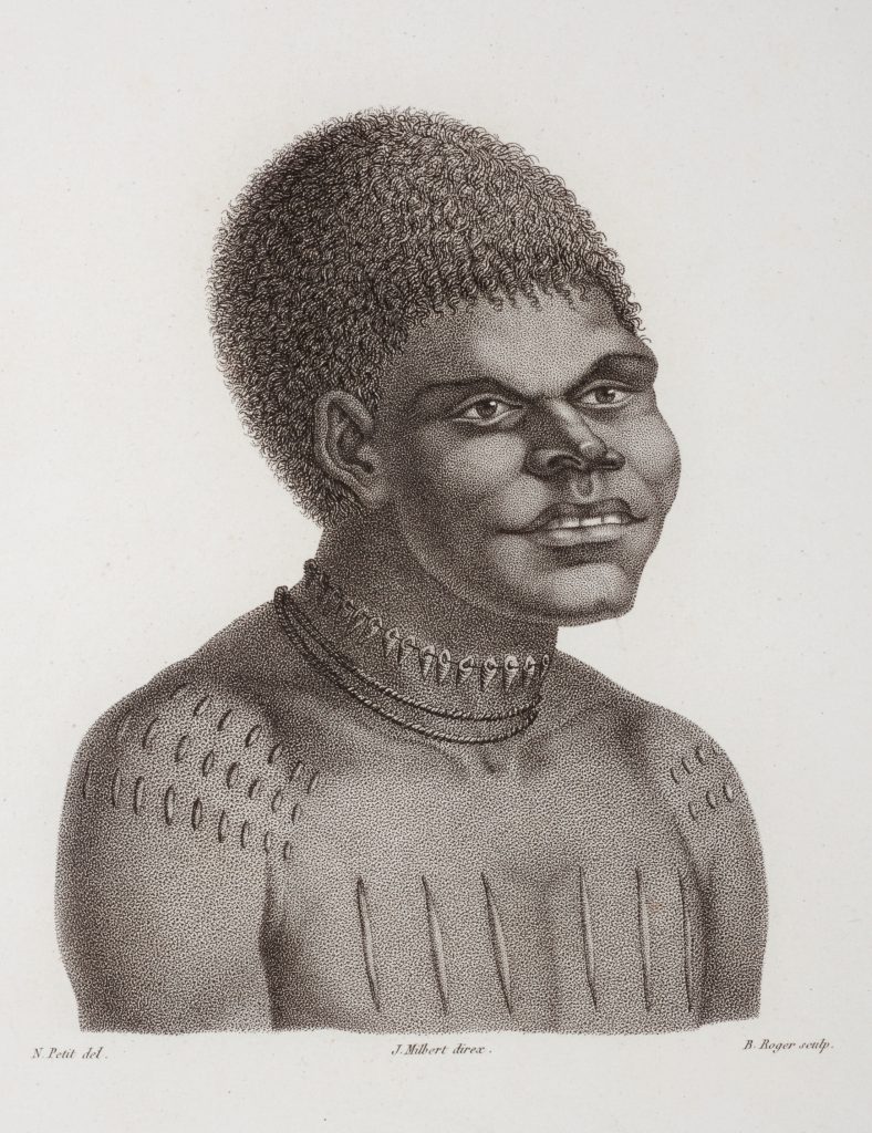 Terre de Diemen. Bara-Ourou. (The handsomest man in Oyster Bay)
Hand coloured engraved portrait. 1807