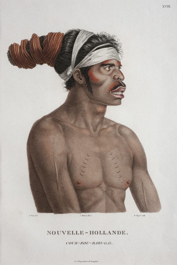 Hand coloured portrait of the Port Jackson warrior Cour-rou-bari-gal after the original by Nicolas Martin Petit
