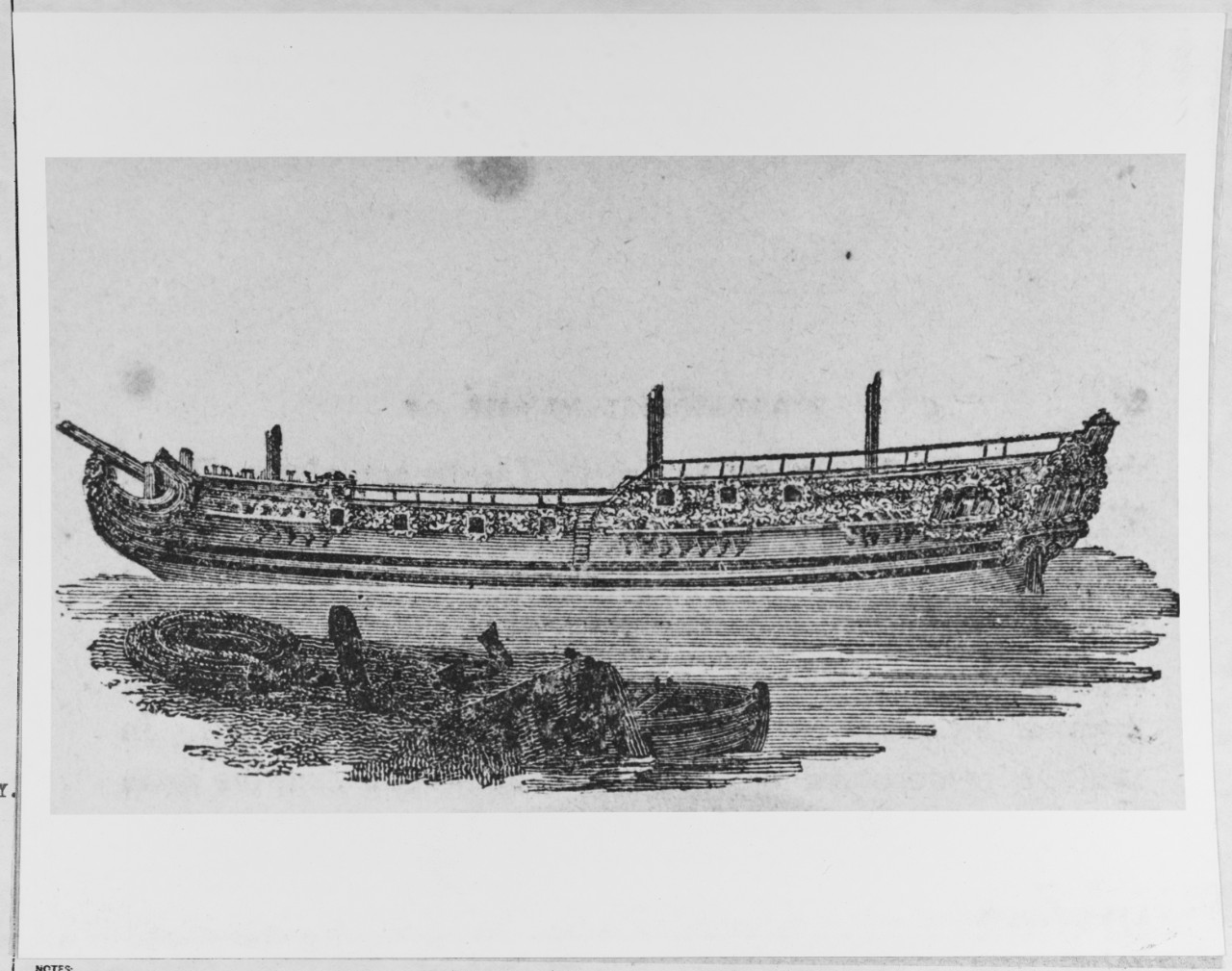 Engraving of the wrecked Royal Charlotte, dismasted on the reef, with survivors in a boat