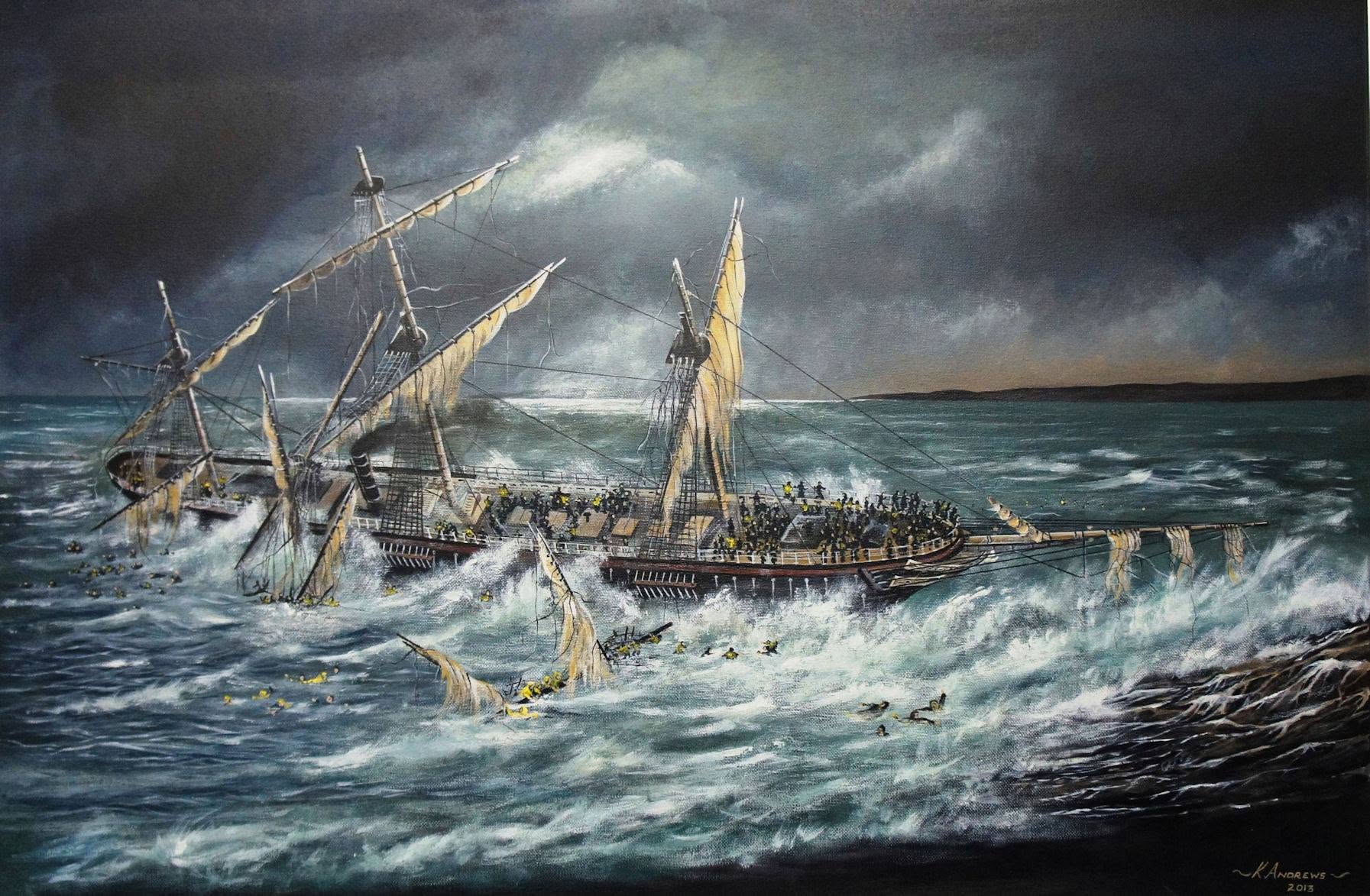 Painting of the Royal Charter being wrecked in a storm